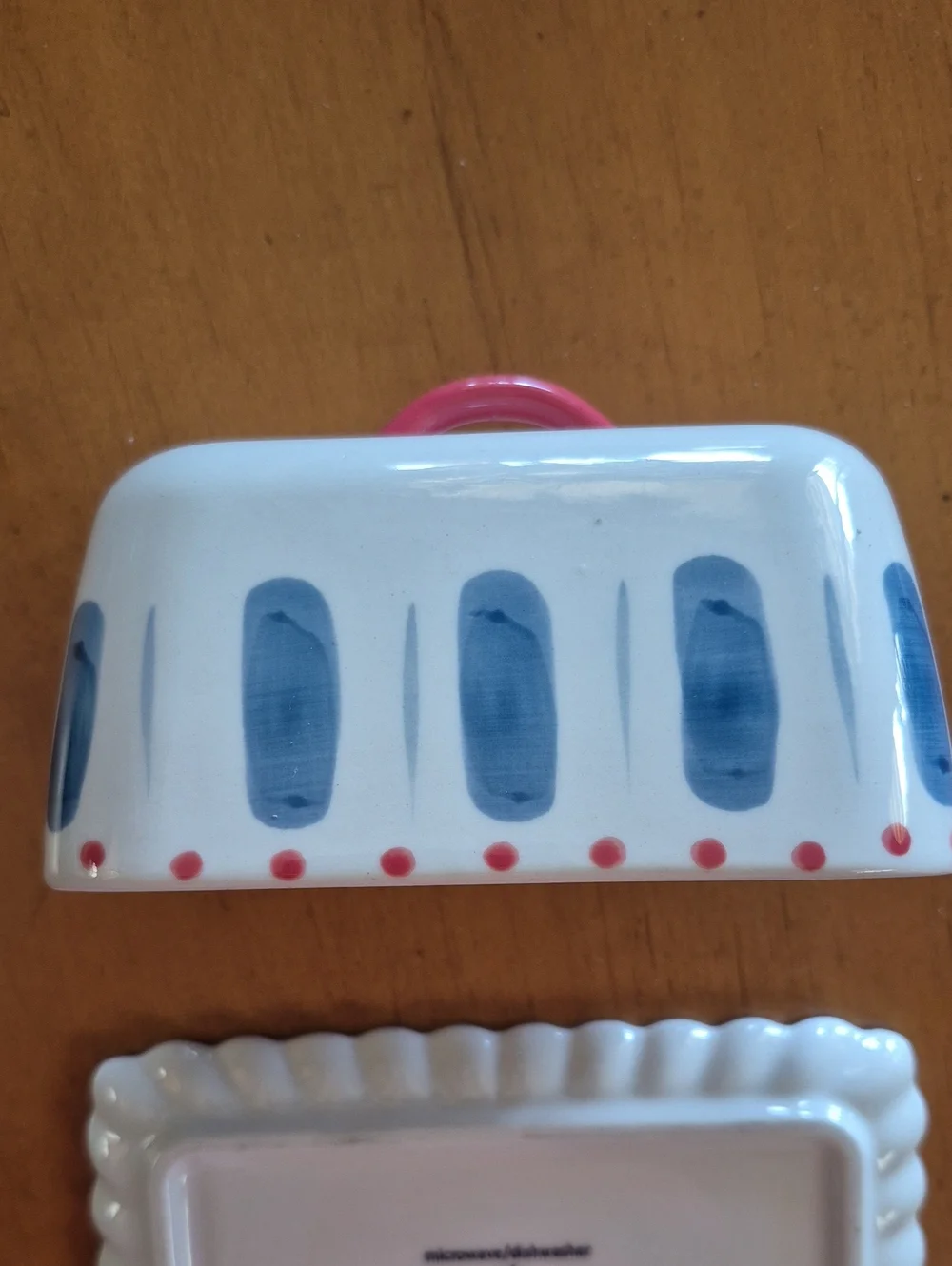Anthropologie Ceramic Butter Dish with Red Handle and Blue Accent